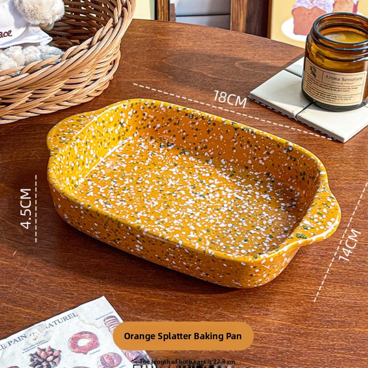 Color splash ink ceramic binaural square baking tray Microwave Baking