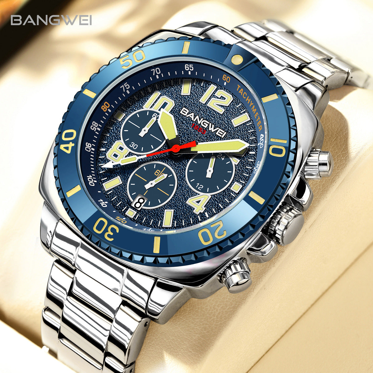 Men's Multifunction Chronograph Calendar Luminous Waterproof Stainless Steel Quartz Watch teemdrop