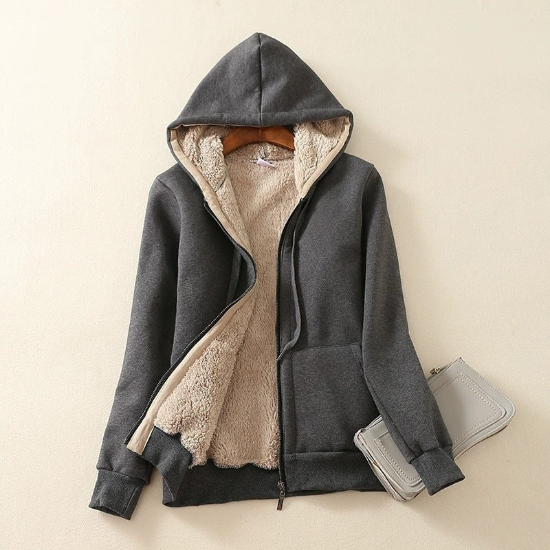 Women's Fleece-Lined Lamb Wool Zip-Up Hooded Cardigan teemdrop