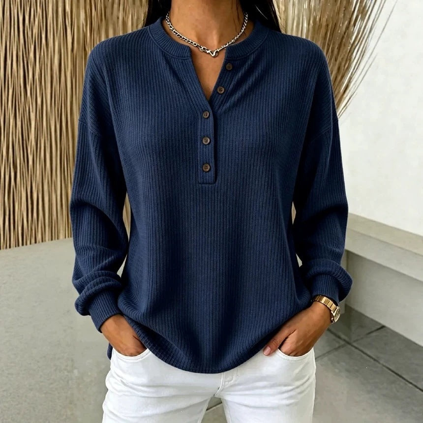 Women's Ribbed Knit Half-Button Henley Long Sleeve T-Shirt teemdrop