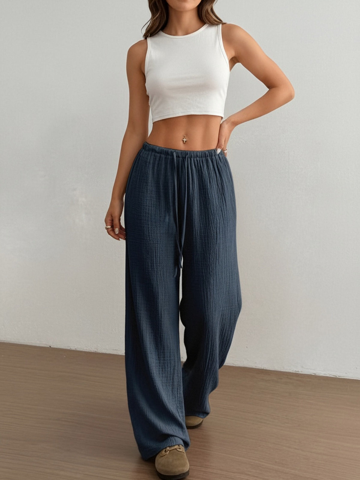 Women's Textured High Waist Drawstring Drapey Wide Leg Pants teemdrop