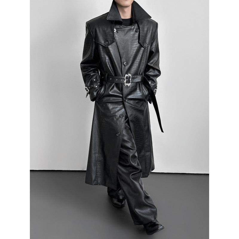 Men's Crocodile Embossed Leather Trench Coat Long Slim Fit Black teemdrop