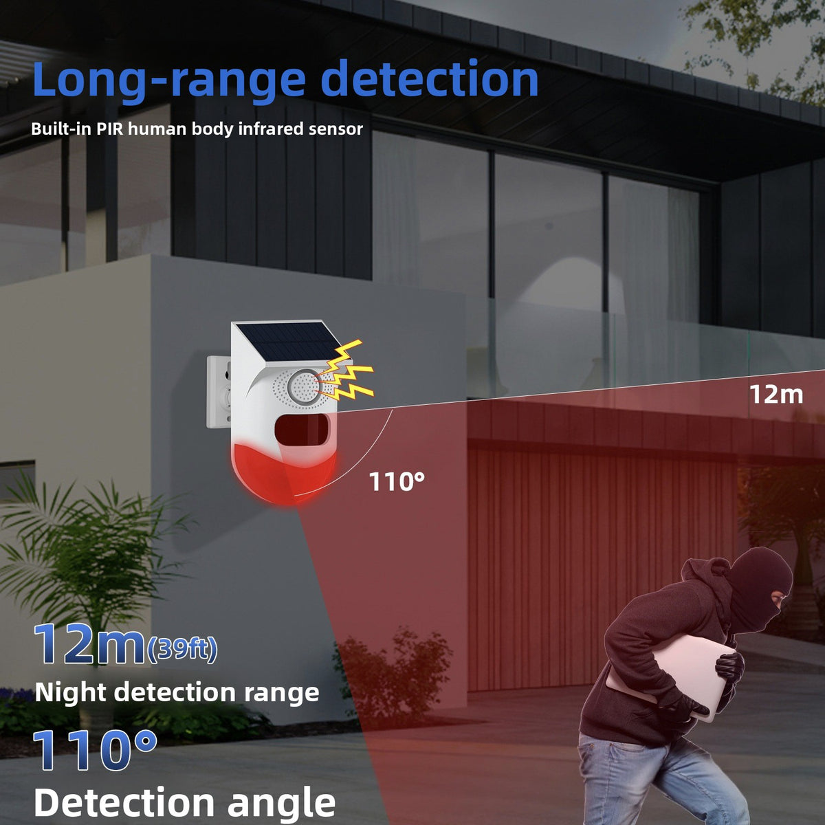 Solar Outdoor PIR Motion Sensor Alarm with Remote Control and Siren teemdrop