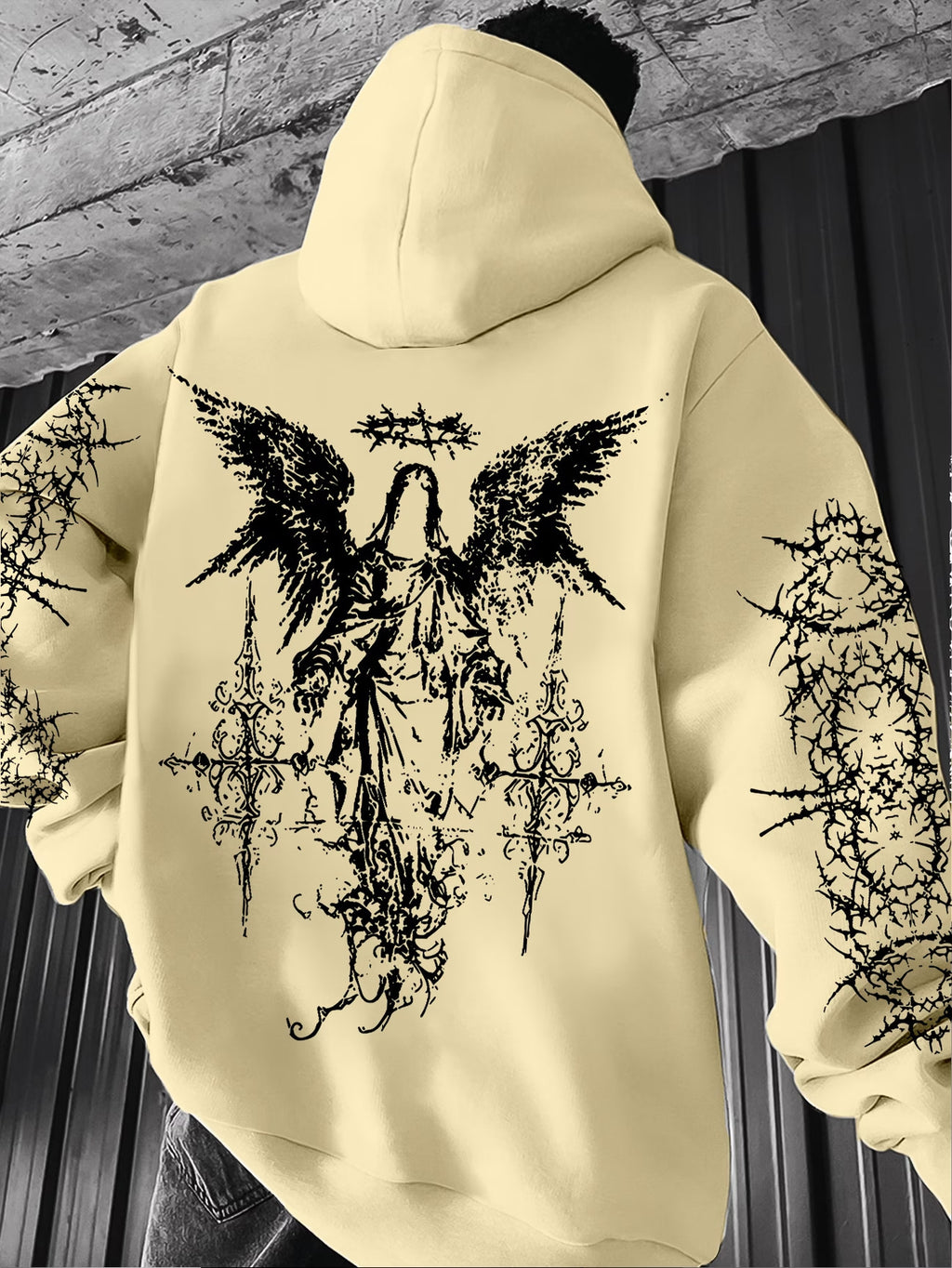 Gothic-style angel-print hoodie teemdrop