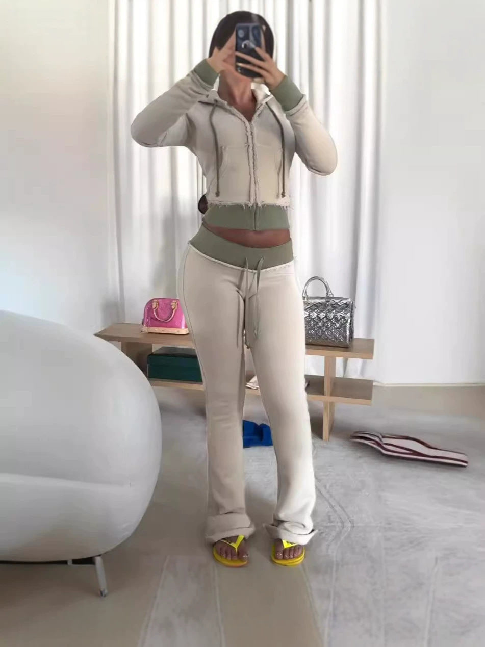 Women's Short Zip-Up Hoodie and Flared Pants Two-Piece Set teemdrop
