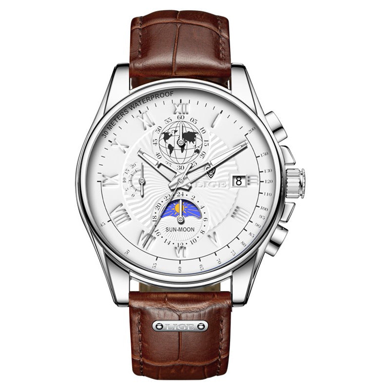 LIGE Men's Business Watch with Moon Phase Multifunction Quartz Wristwatch Leather Strap Waterproof