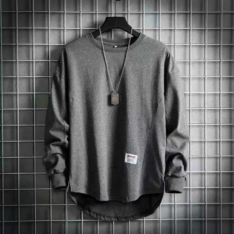 Men's Solid Long Sleeve Round Neck Loose Cotton T-Shirt