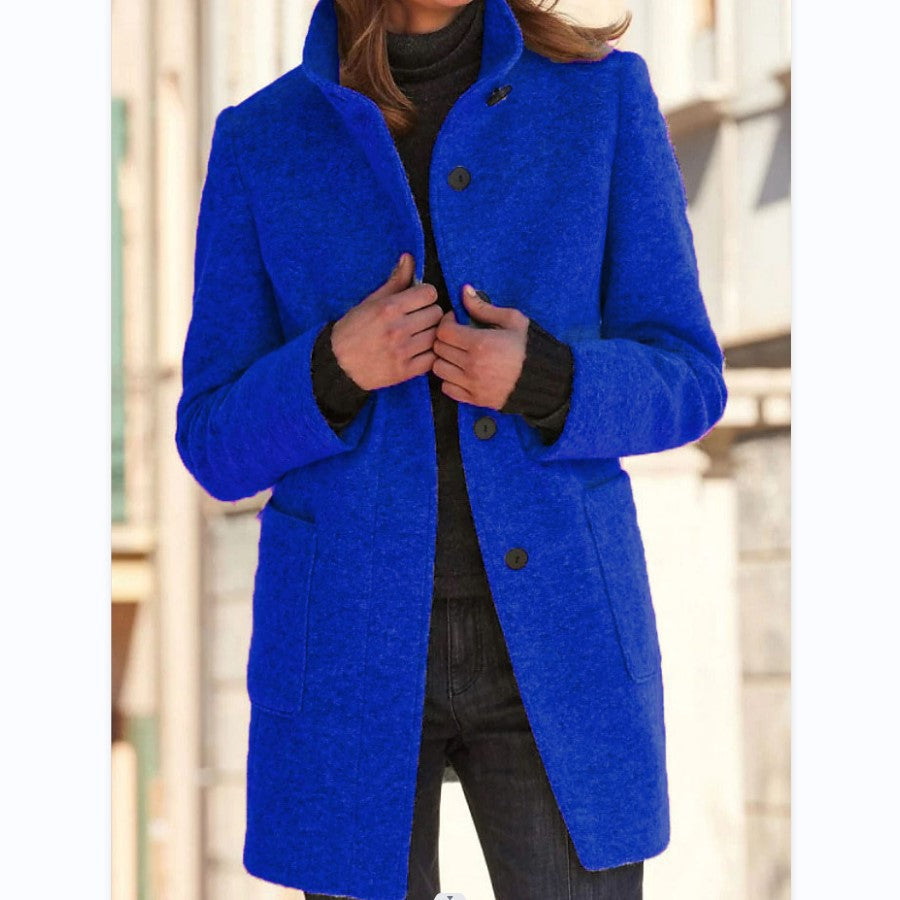 Womens Retro Solid Color Buttoned Stand Collar Coats
