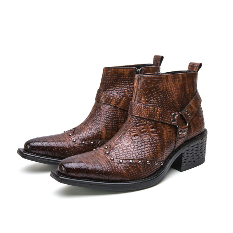 Men's Pointed Toe Leather Boots with Side Zipper and Wedge Heel teemdrop