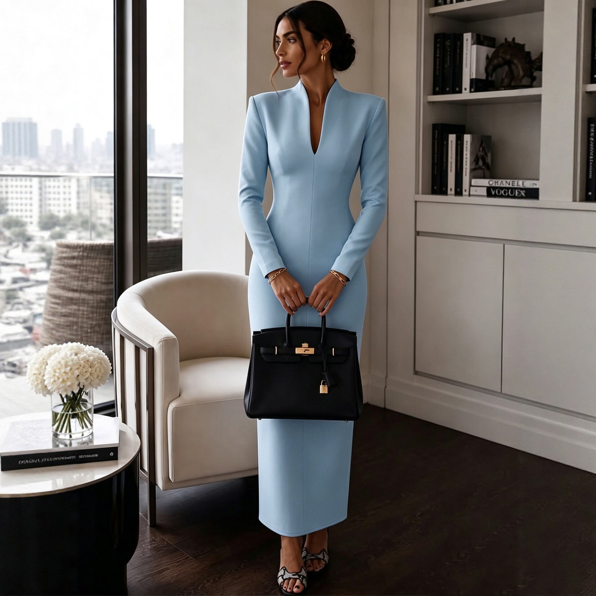 Women's Elegant Stand Collar V-Neck Long Sleeve Bodycon Dress teemdrop