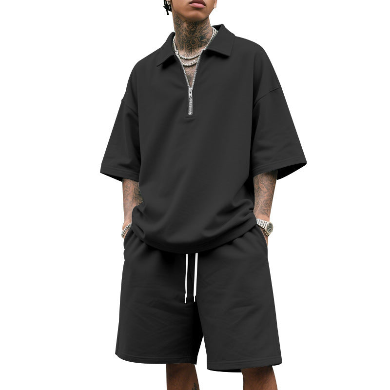 Men's two-piece short-sleeved zipper Polo shirt with shorts
