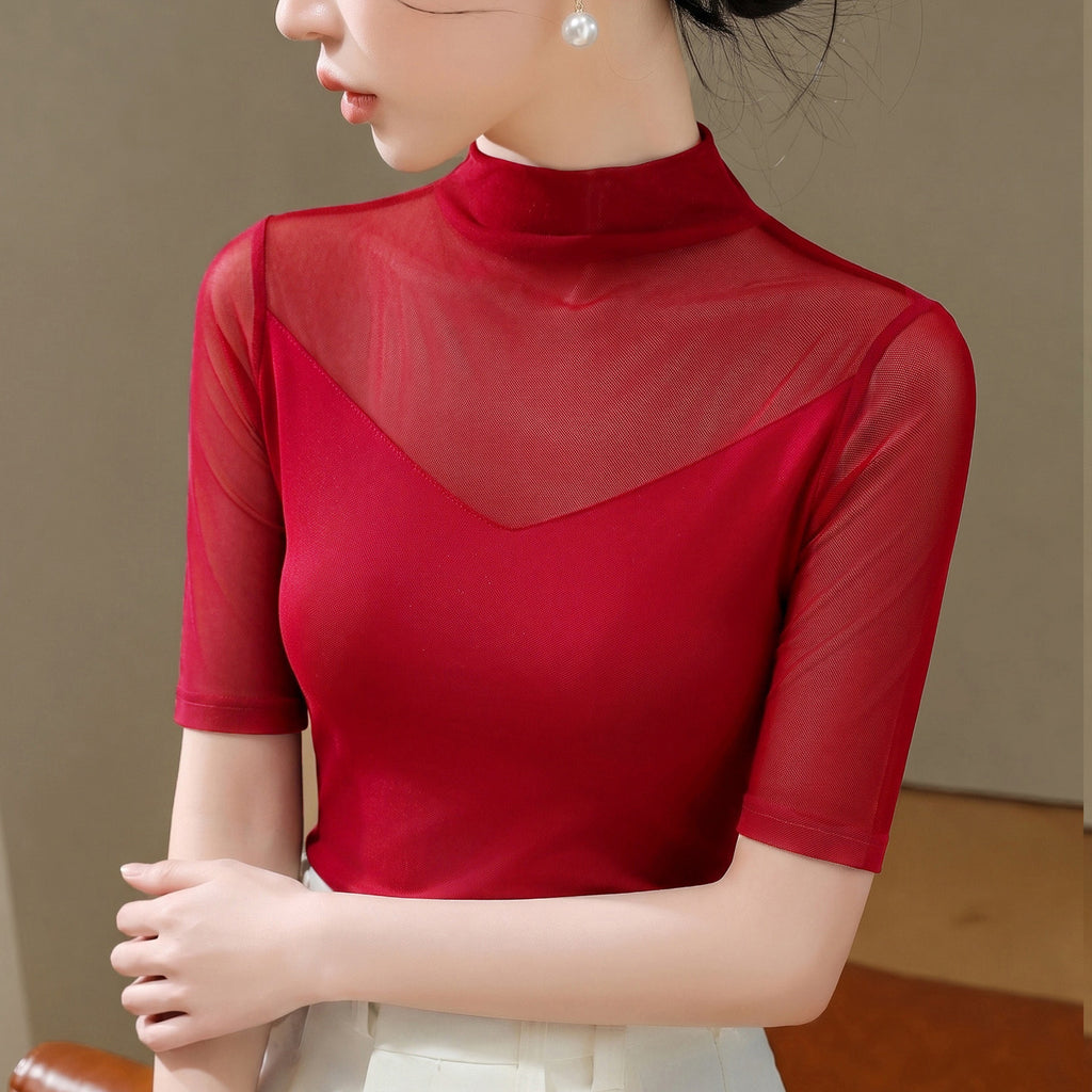 Women's Nylon Mesh Mid-Sleeve Half-High Collar Slim Fit T-Shirt teemdrop