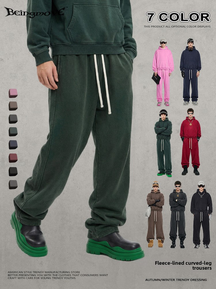 Retro Washed 400g Fleece Lined Curved Cut Straight Leg Sweatpants for Men teemdrop