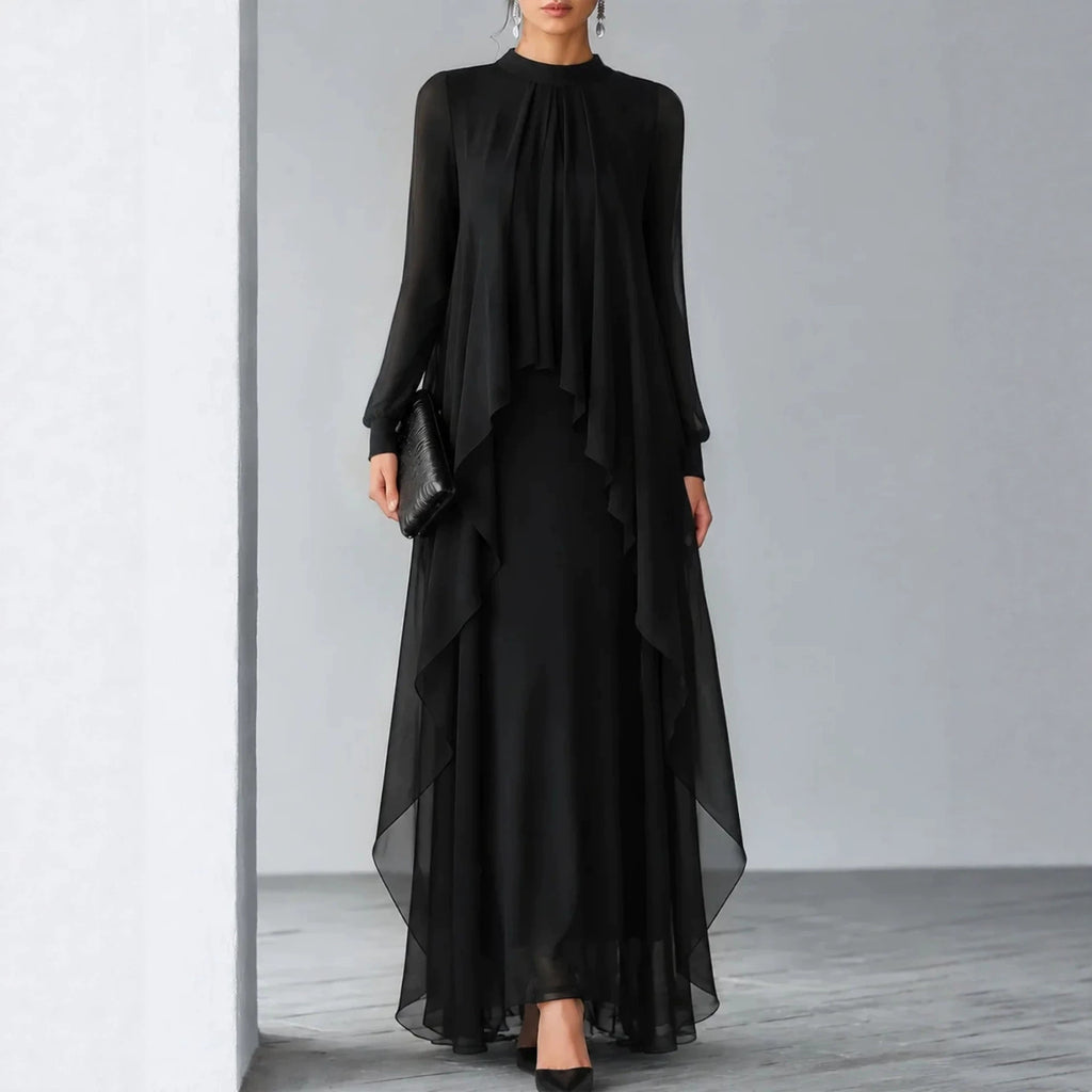 Women's Pleated Chiffon Long Dress Stand Collar Sheer Sleeve Ruffle Hem Fake Two-Piece Gown teemdrop