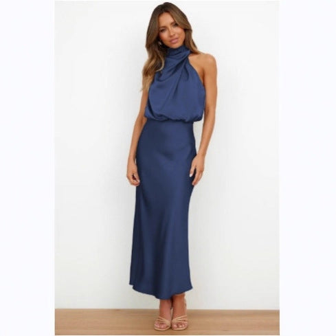 Womens High-End Satin Sleeveless Pleated Midi Dress Mock Neck Evening Gown teemdrop