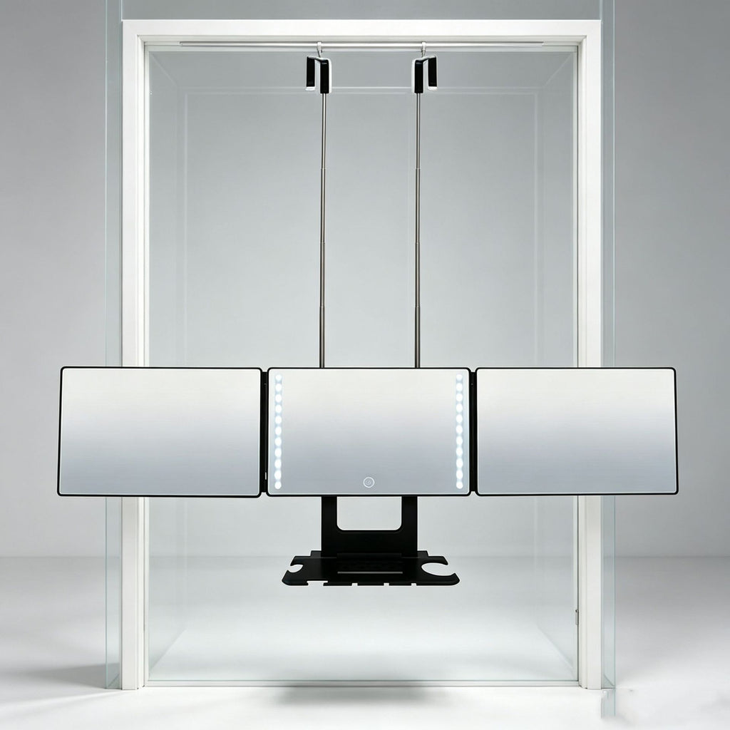 Tri-Fold Tabletop Mirror with Storage Tray Adjustable Lighted Makeup Vanity Mirror teemdrop