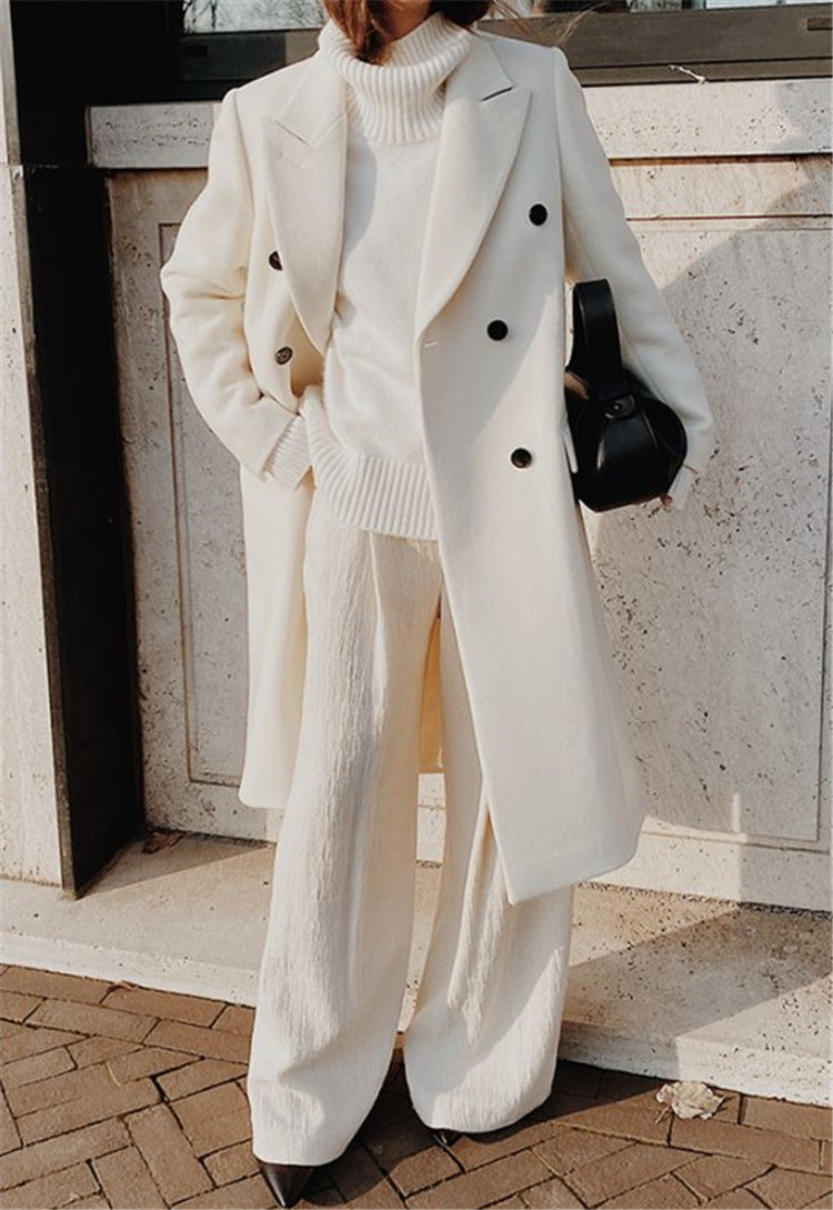 Women?s long-sleeved, solid-color, double-breasted, slim-fit coat with a lapel collar teemdrop