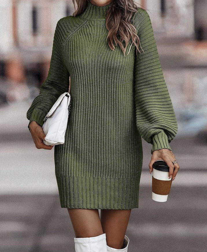 Women's Solid Color High Neck Long Sleeve Knit Sweater Dress teemdrop