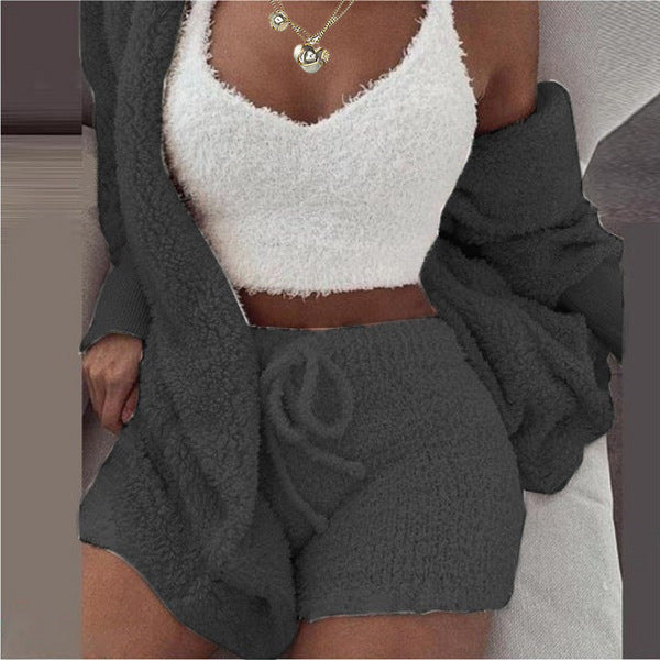 Women's Plush Three-Piece Long Sleeve Vest Shorts Track Set teemdrop