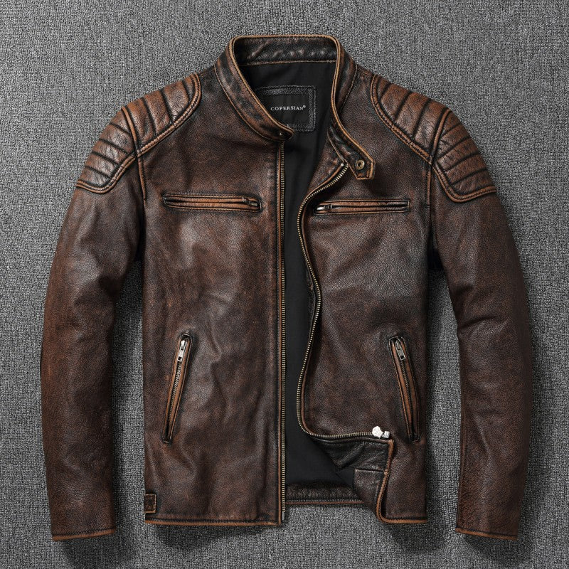 Mens Vintage PU Leather Jacket with Stand Collar