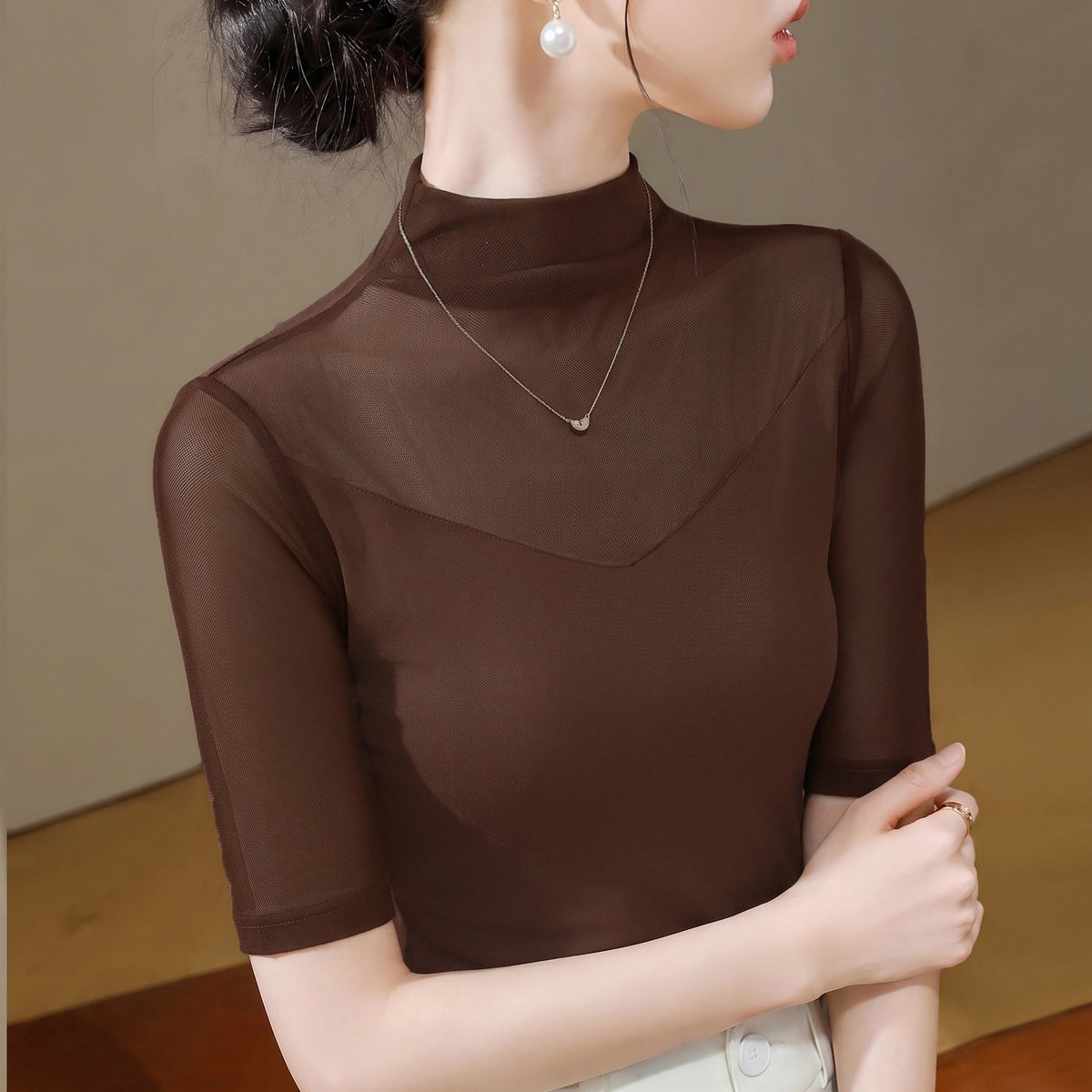 Women's Nylon Mesh Mid-Sleeve Half-High Collar Slim Fit T-Shirt teemdrop