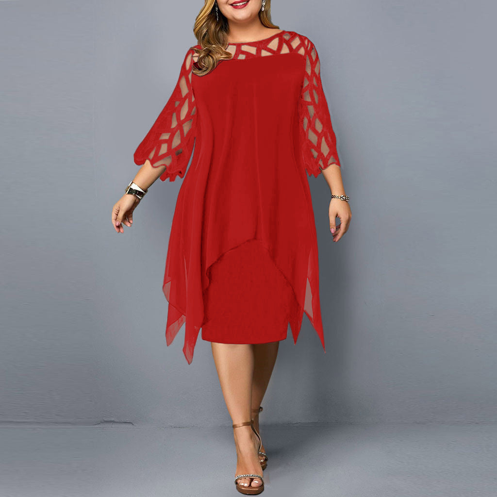 Women's Elegant Lace Patchwork Chiffon Dress with 3/4 Sleeves and Irregular Hem teemdrop