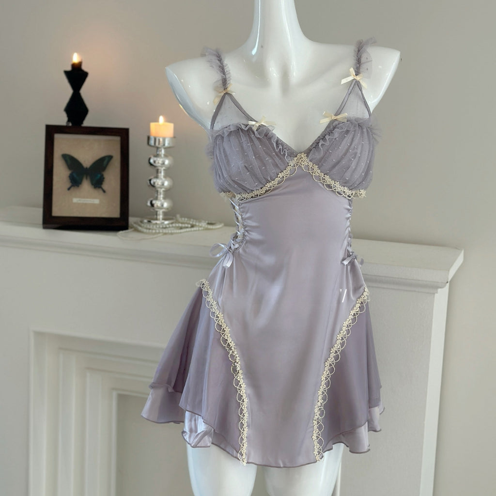 Women's Sexy Backless Mesh Lace Nightgown and Robe Set with Chest Pads teemdrop