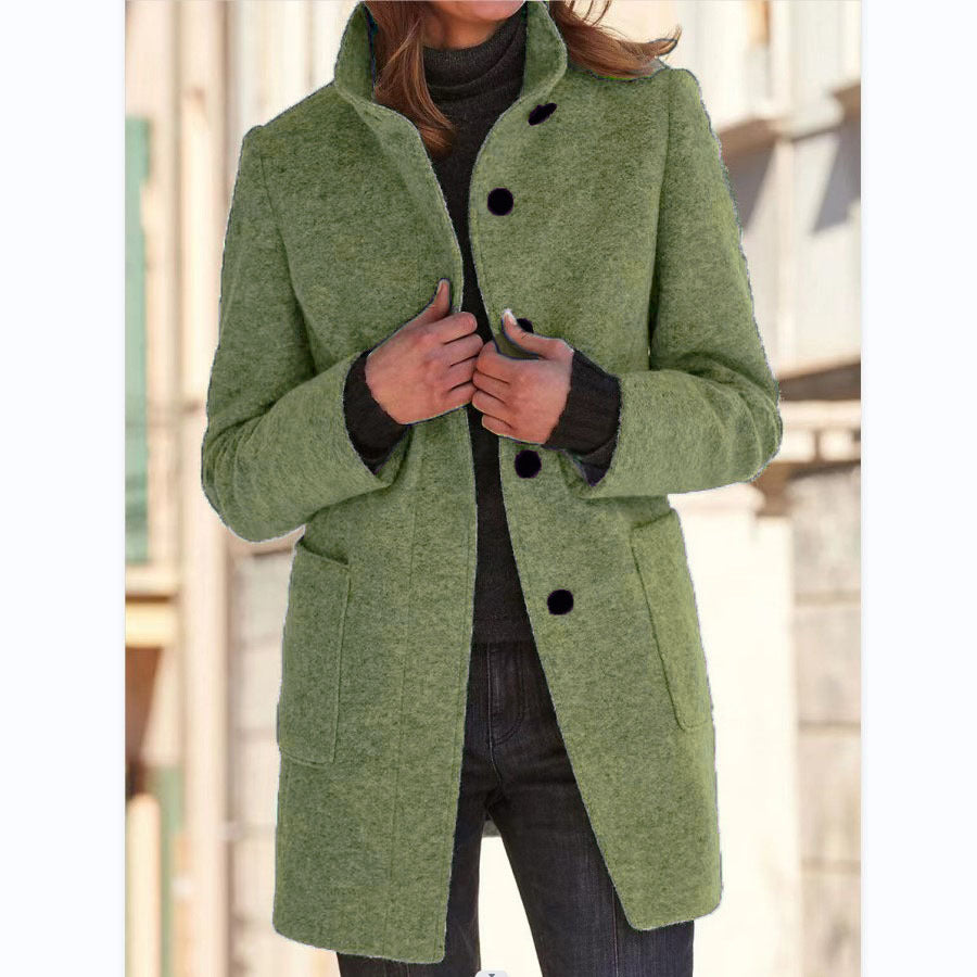 Womens Retro Solid Color Buttoned Stand Collar Coats