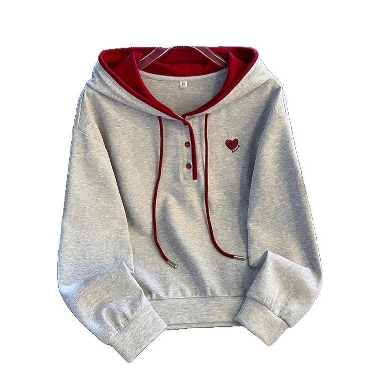 Women's heart-shaped embroidered colorful patch front hoodie