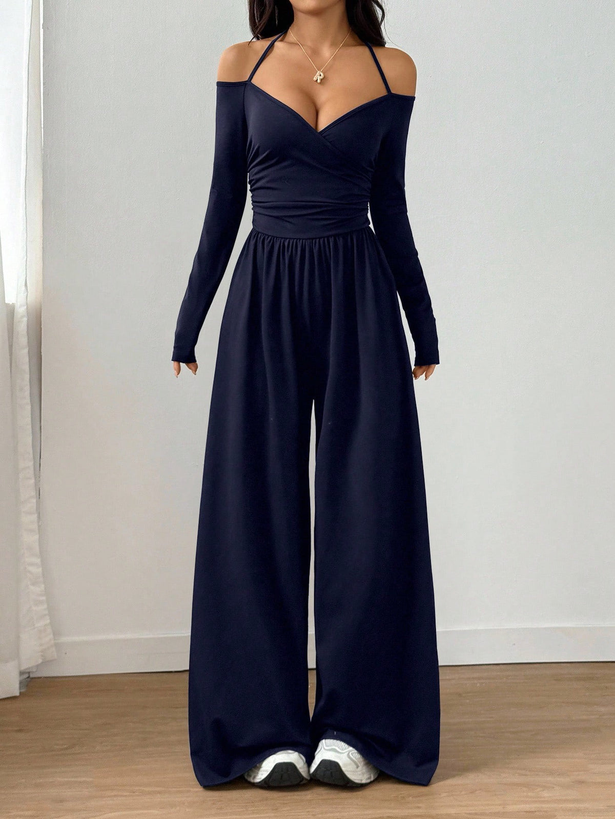 Women's Halter V-Neck Long Sleeve Wide Leg Jumpsuit