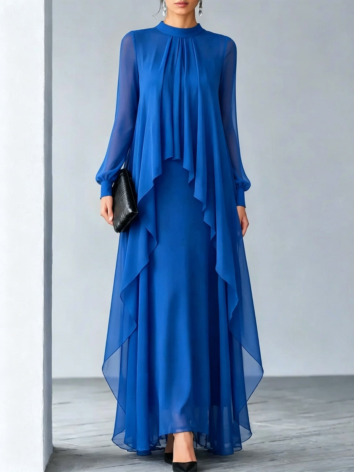 Women's Pleated Chiffon Long Dress Stand Collar Sheer Sleeve Ruffle Hem Fake Two-Piece Gown teemdrop