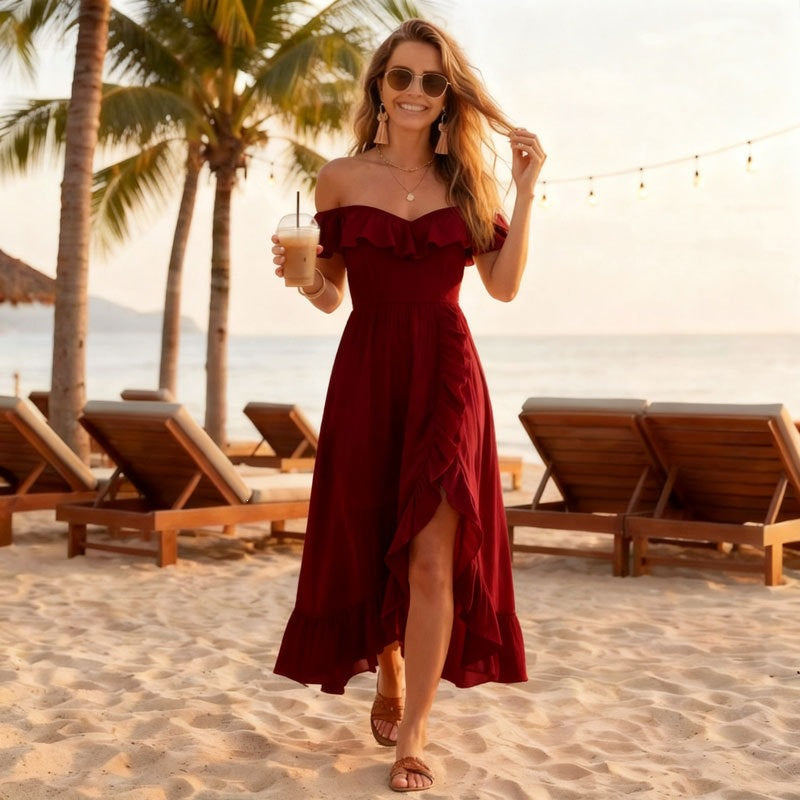 Women's Sleeveless V-Neck Ruffle Long Dress with Slit teemdrop