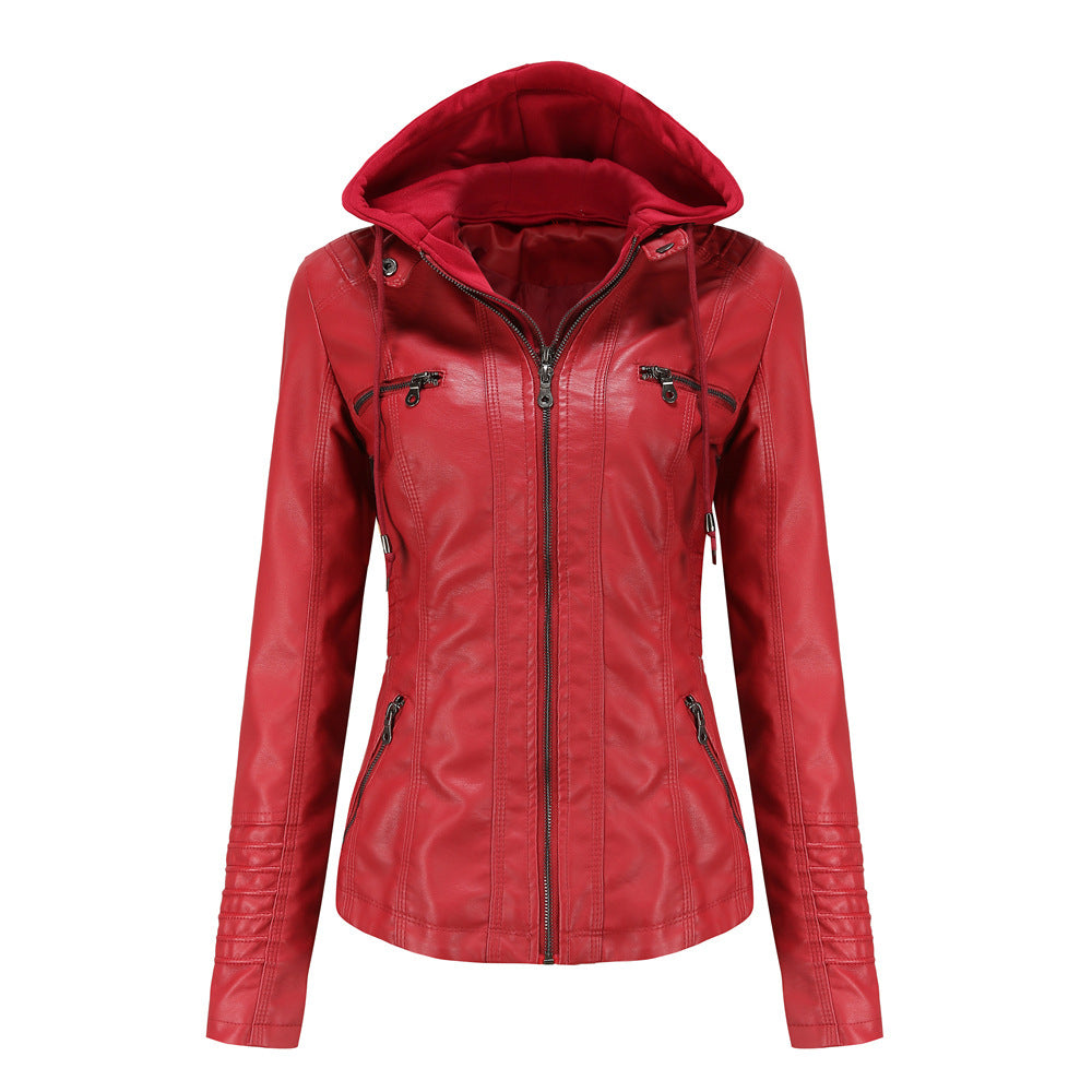 Women's Faux Leather Hooded Jacket Two-Piece Set Slim Fit Long Sleeve teemdrop