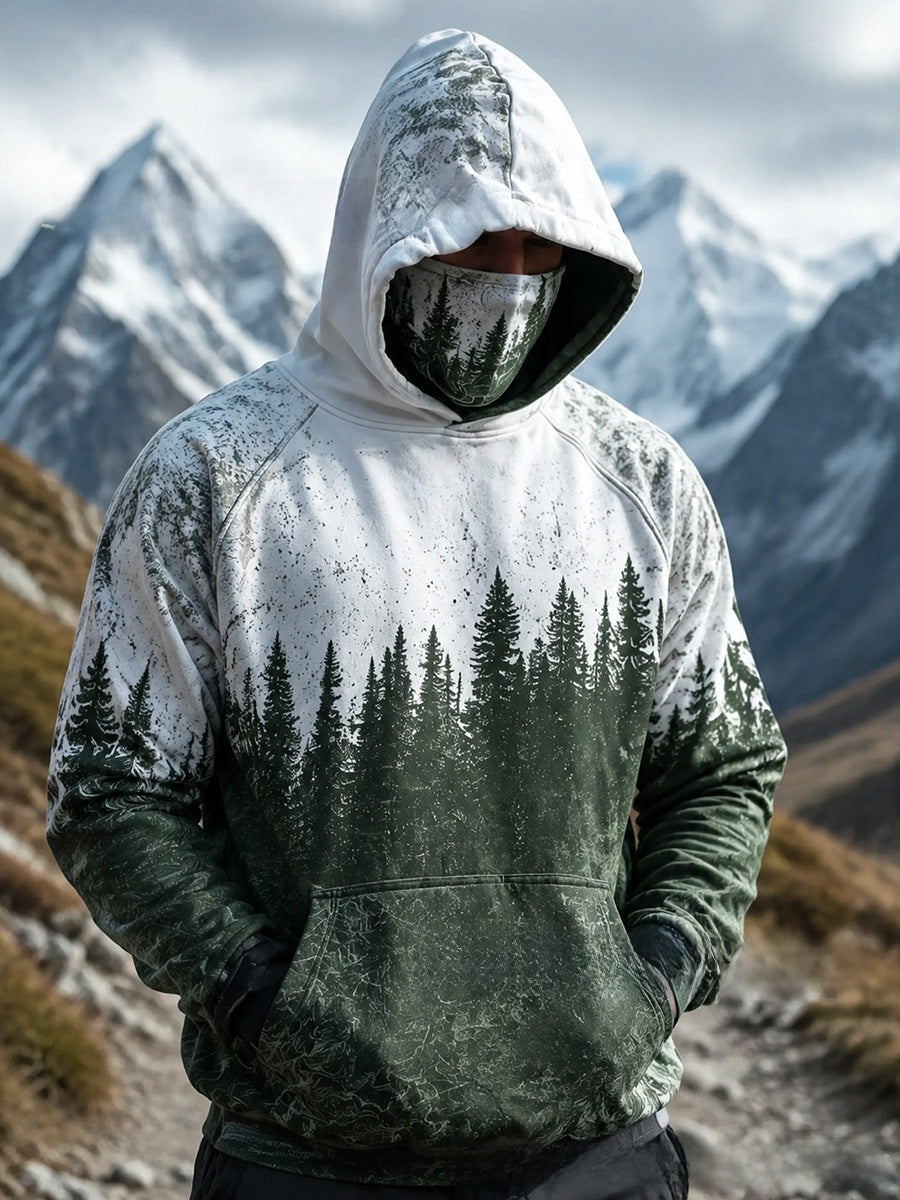 Men's outdoor plant-print pullover hooded sweatshirt with loose fit top body
