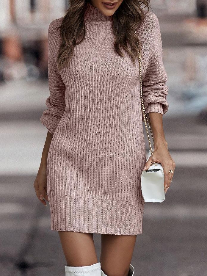Women's Solid Long Sleeve Turtleneck Knitted Dress teemdrop