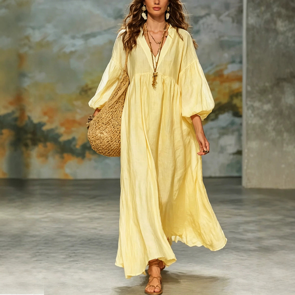 dress women's cotton and linen deep V lantern sleeves teemdrop