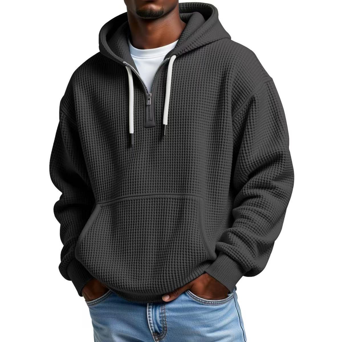 Men?s Heavyweight Waffle Knit Zip-Up Hooded Long Sleeve Loose Fit Casual Sweatshirt teemdrop