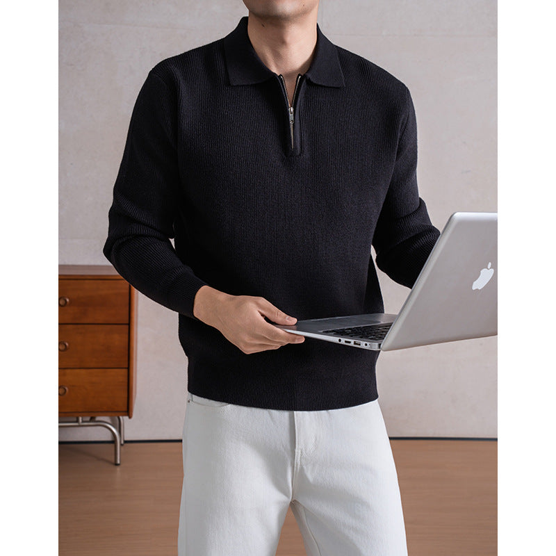 Men's Zippered Sheep Wool Blend Thickened Knit Sweater with Anti-Pilling Feature teemdrop