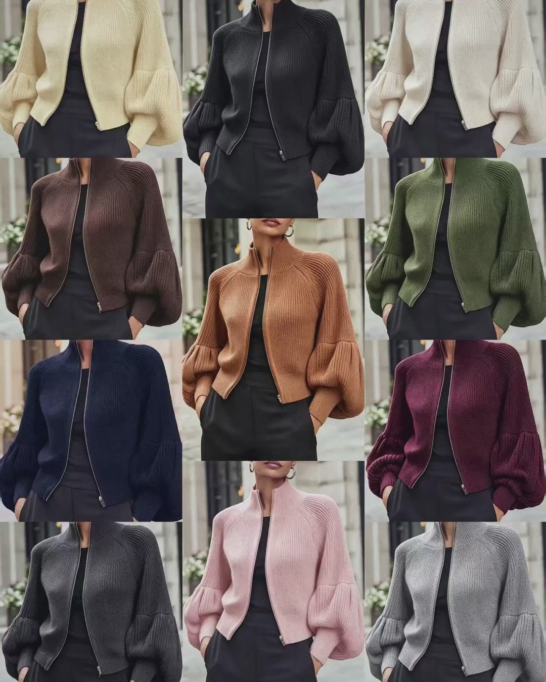 Women's Stand Collar Zip-Up Lantern Sleeve Textured Knit Sweater