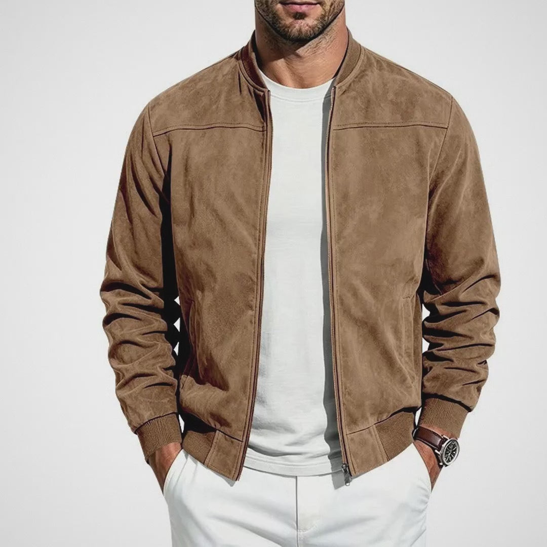 Men's Solid Suede Fleece Baseball Collar Bomber Jacket