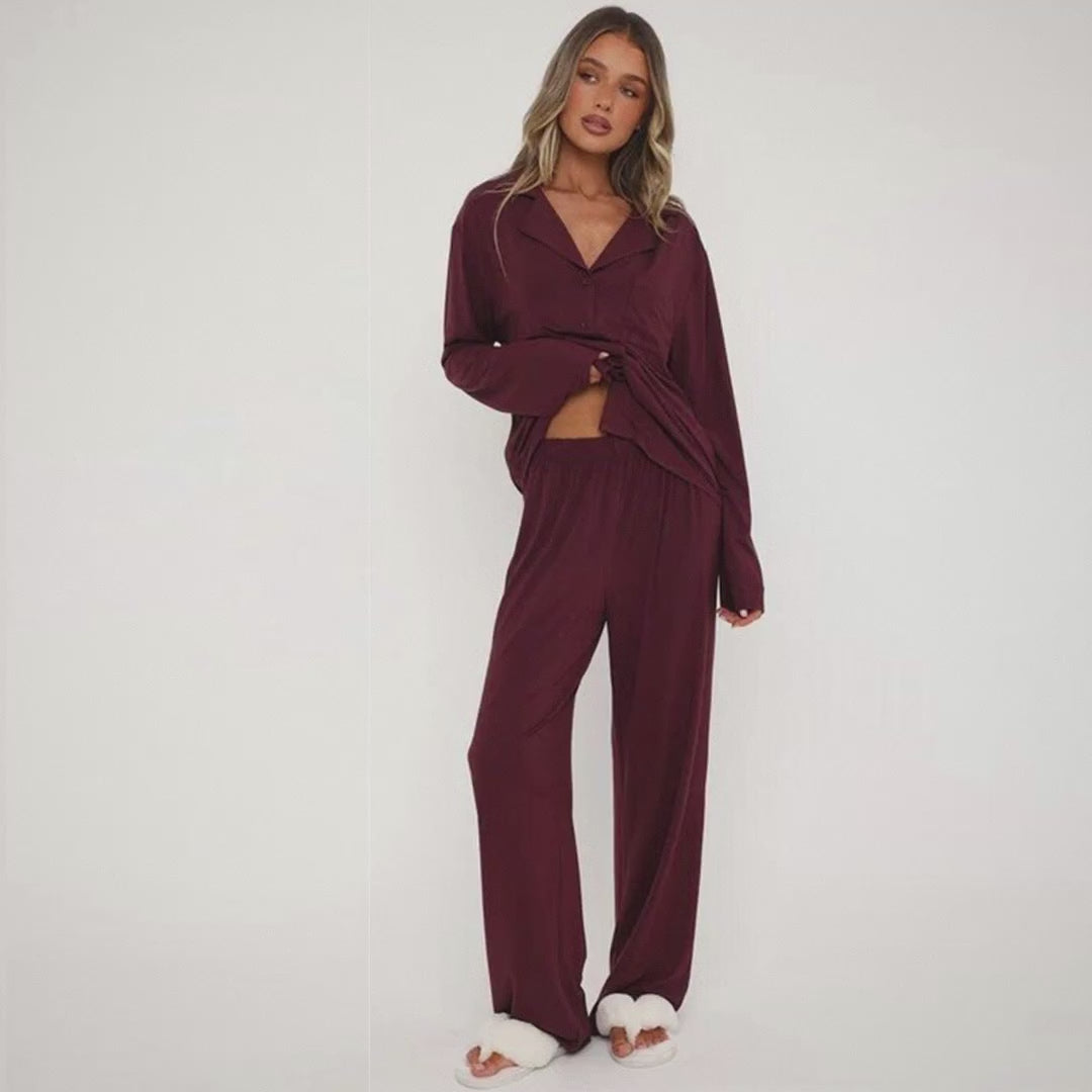 Women Modal Lapel Collar Long Sleeve Sleepwear Set