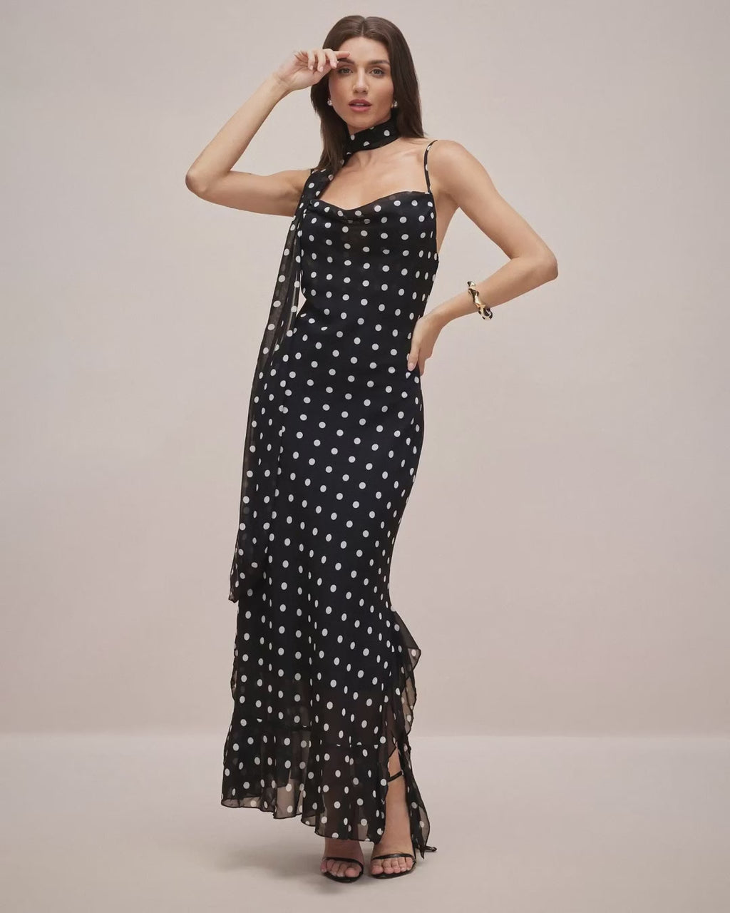 Women's Retro Polka Dot Ribbon Strap Slim Fit Long Dress