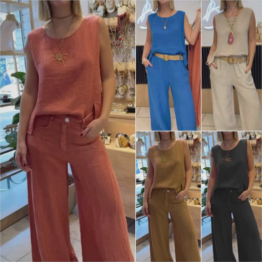 Women's Summer Cotton Linen Solid Color Sleeveless Two-Piece Pantsuit Set