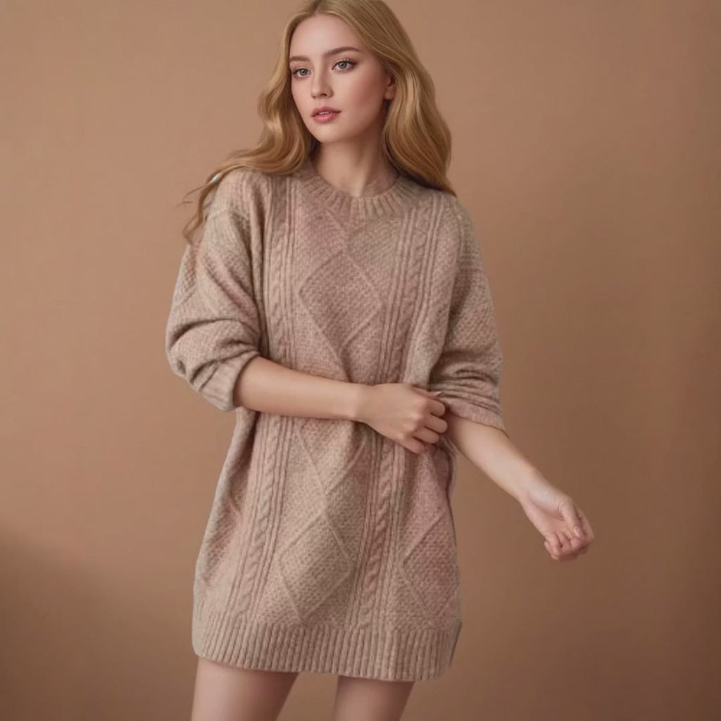 Women's Arctic Velvet Twist Pattern Mid-Length Loose Pullover Sweater