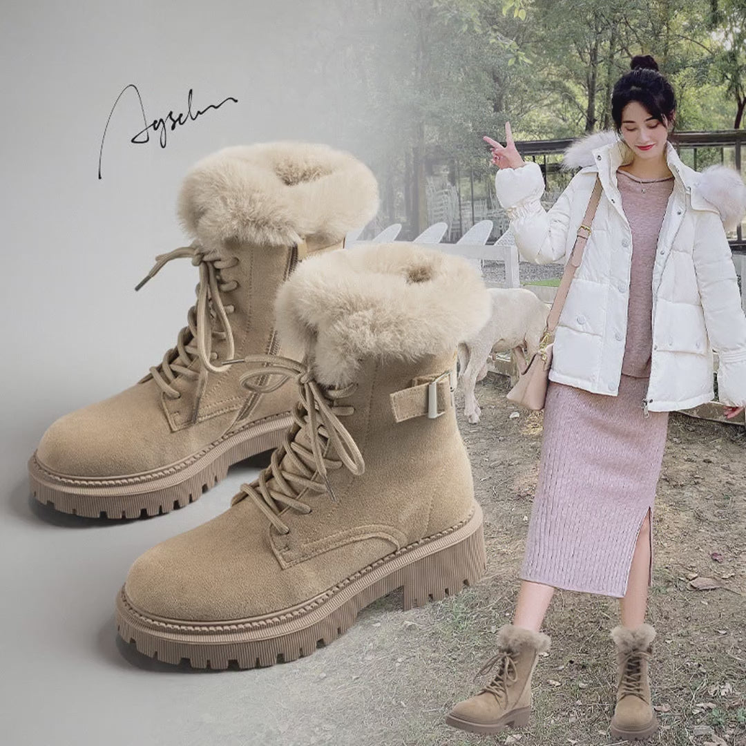 Augusden Women Fleece-Lined Short Snow Boots Thickened Cotton Motorcycle Martin Boots