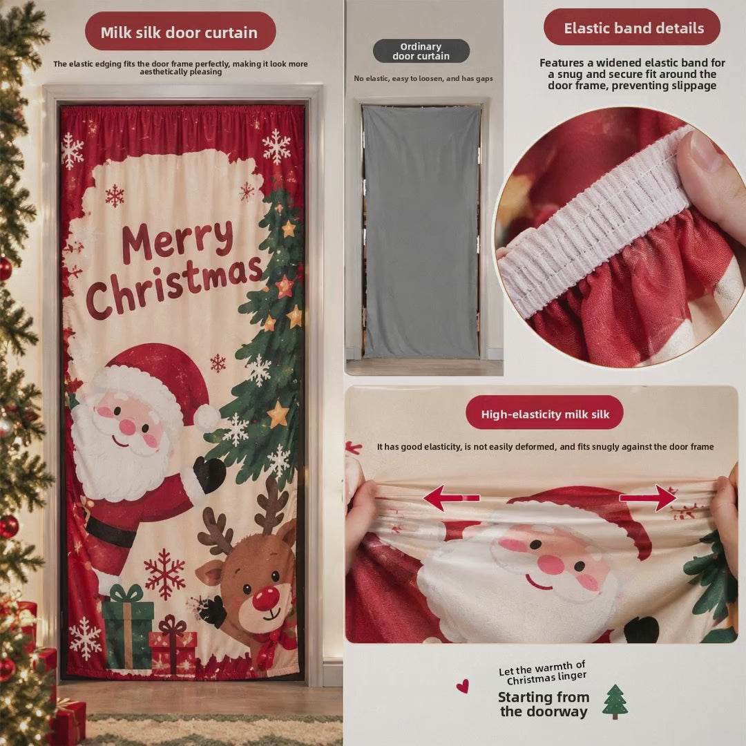 Milk Silk Christmas Door Banner Reindeer Santa Claus Design Festive Party Decoration Hanging Cloth for Home Living Room Bedroom