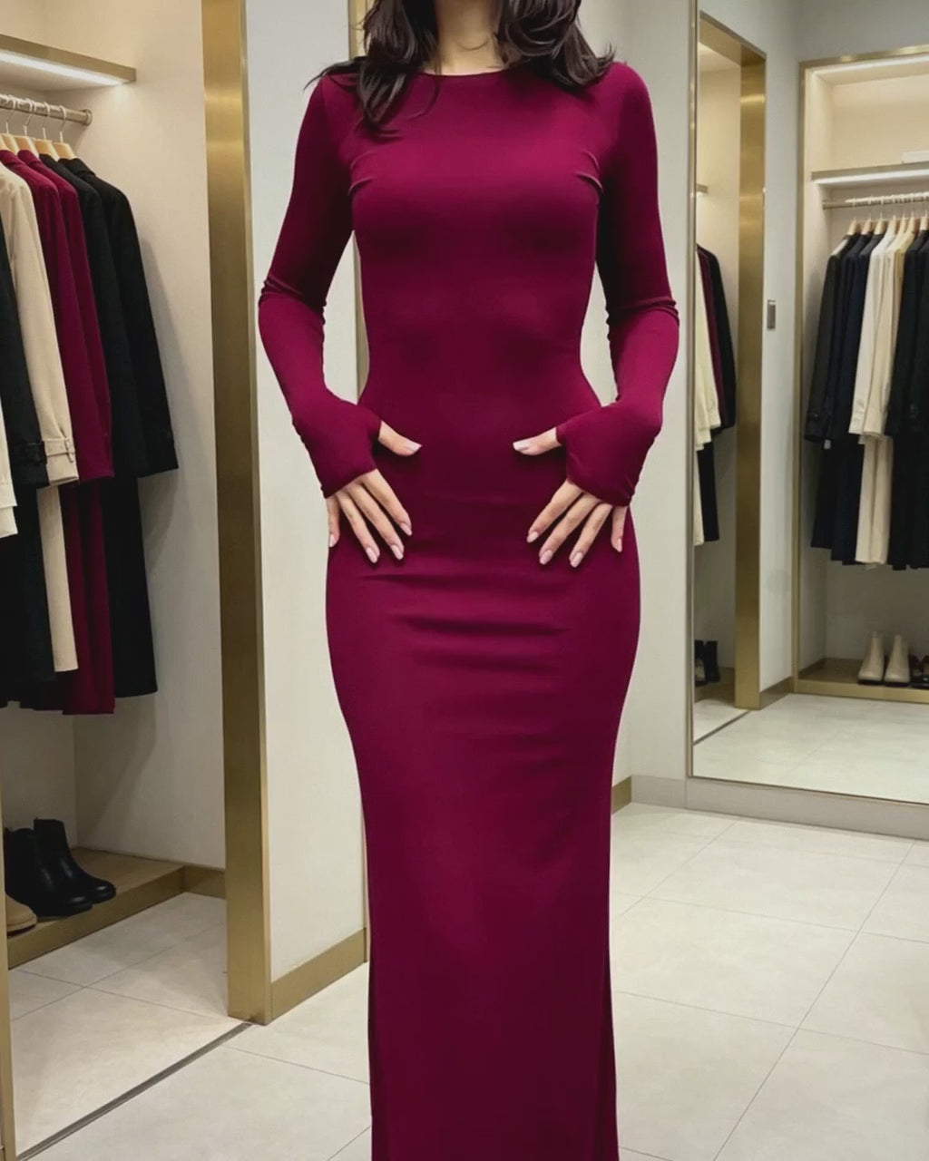 Women's Solid Bodycon Long Sleeve Long Dress