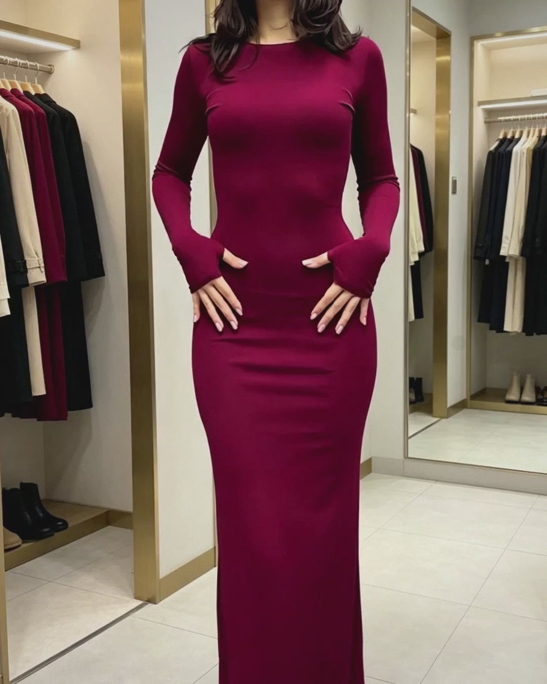 Women's Solid Bodycon Long Sleeve Long Dress