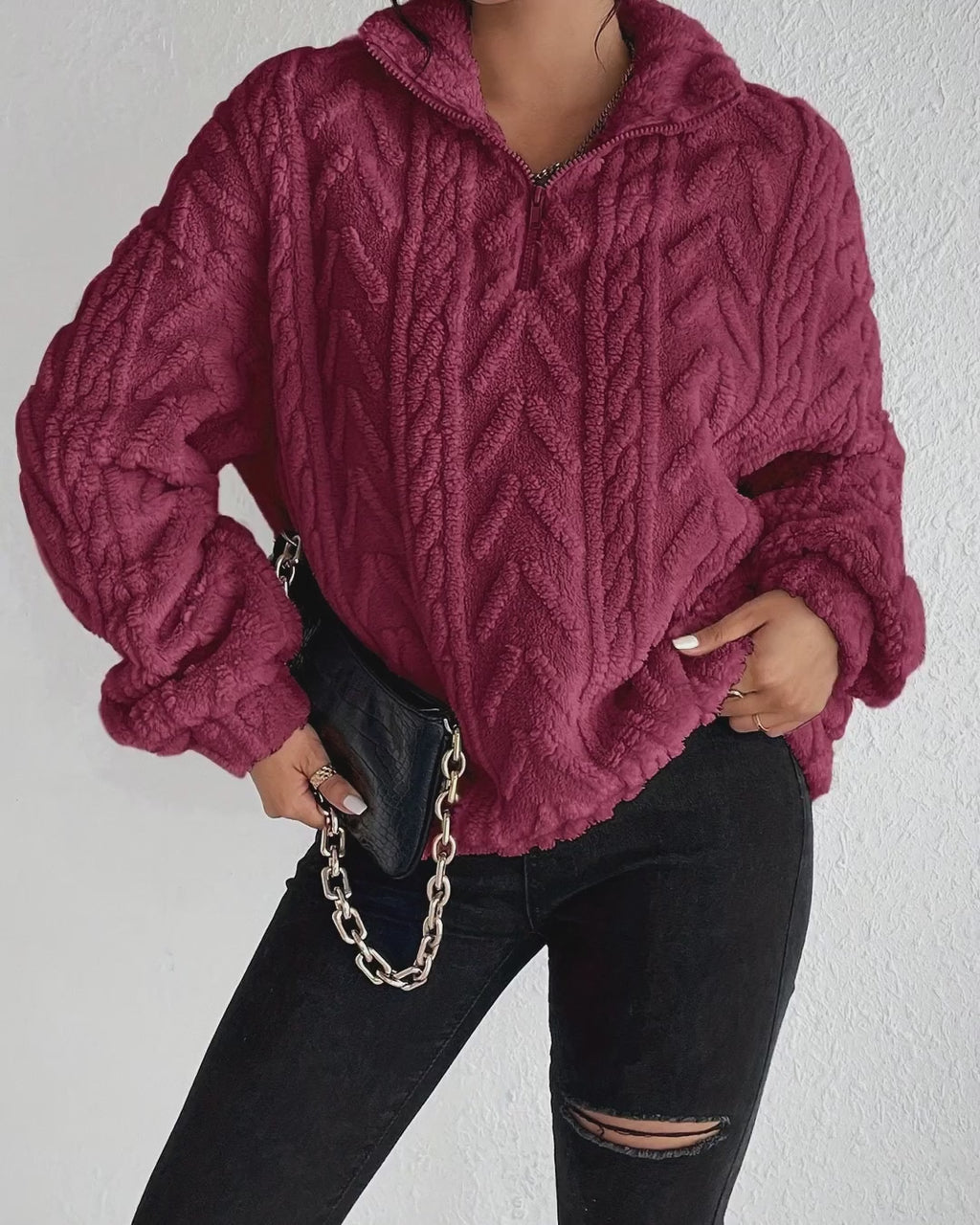 Women's Double-Sided Plush Flower Casual Zipper Pullover Top