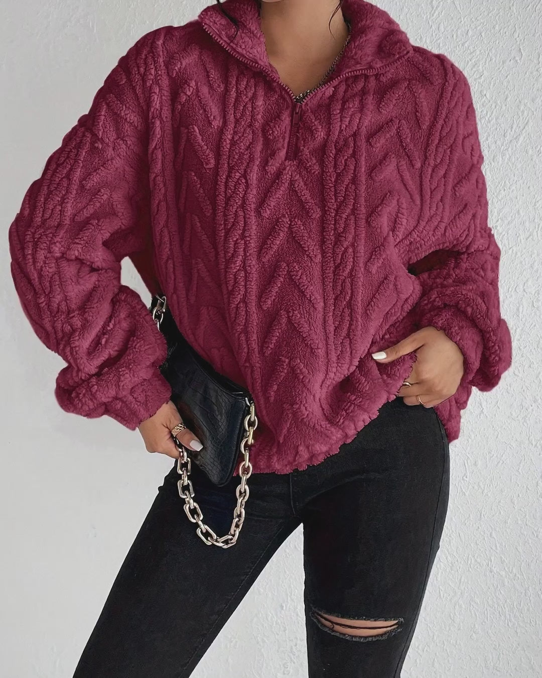 Women's Double-Sided Plush Flower Casual Zipper Pullover Top